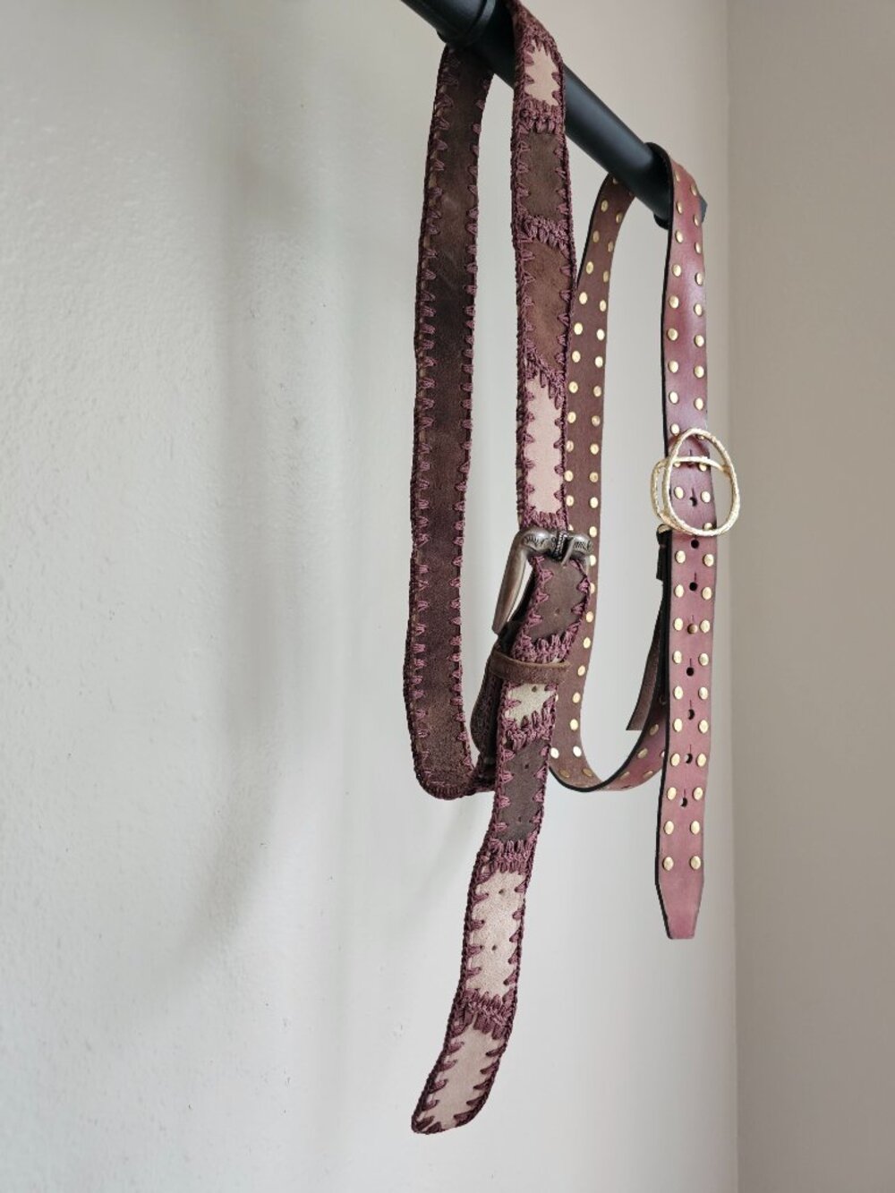 We The Free Free People Lasso Cognac Leather Studded Belt Patchwork Suede Belts - Picture 2 of 9